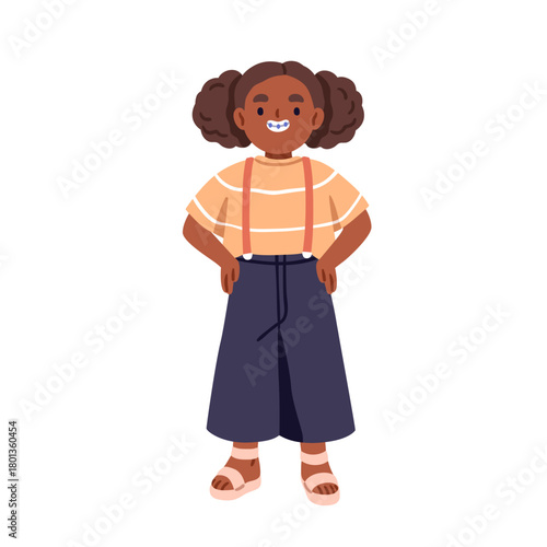 Cute happy black girl with braces on teeth. Kid with imperfect smile, overbite. Child in metal tooth correction brackets. Kindergarten character. Flat vector illustration isolated on white background