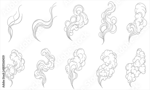 Collection of stylized smoke wisps and vapor trails illustrated in a vintage line art style