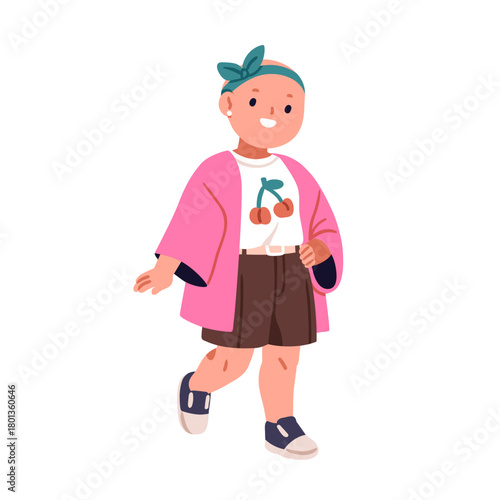 Happy kid with alopecia. Hairless bald girl standing and smiling. Cute joyful...