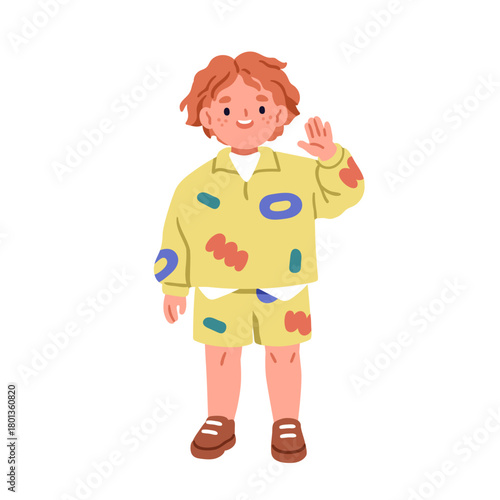 Kid waving hand. Happy redhead boy smiling with friendly greeting gesture, saying hi. Cute child with ginger hair, freckles, summer outfit. Flat vector illustration isolated on white background