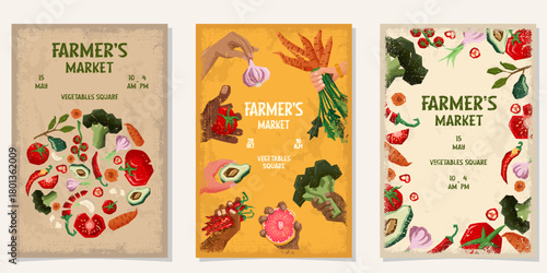 Retro Farmer’s Market Poster Set with Fresh Vegetables and Textured Hands