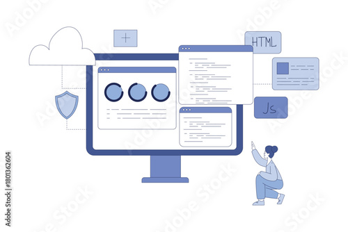 Programming with Woman Character Working on Web Application Development Vector Illustration