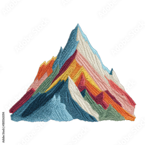 Abstract embroidered mountain icon with vibrant colorful stitch illustration pattern.