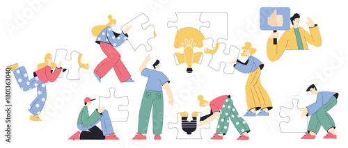 Jigsaw Puzzle with Man and Woman Connecting Element Together Vector Set
