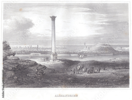 Historic engraving of Alexandria, Egypt, showcasing Pompey's Pillar, a bustling cityscape with domes and minarets, and the waterfront. Foreground features people, camels, and a rocky landscape