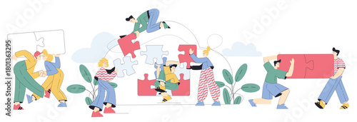Jigsaw Puzzle with Man and Woman Connecting Element Together Vector Set