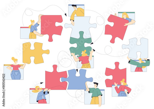 Jigsaw Puzzle with Man and Woman Connecting Element Together Vector Set