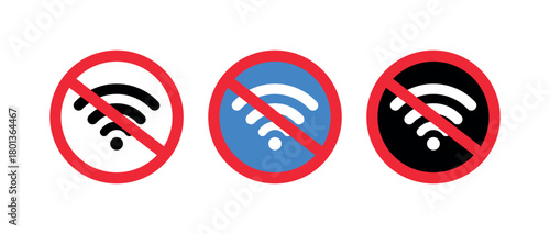 No WiFi Icon, Red Prohibition Circle Over Disabled Signal on Transparent Background