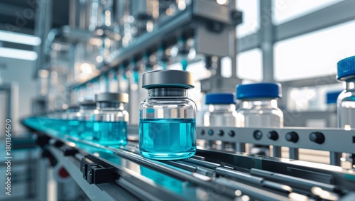 Vaccine vials on a production line in a pharmaceutical manufacturing facility