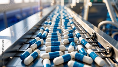 Pharmaceutical production line with blue and white capsules on a conveyor belt