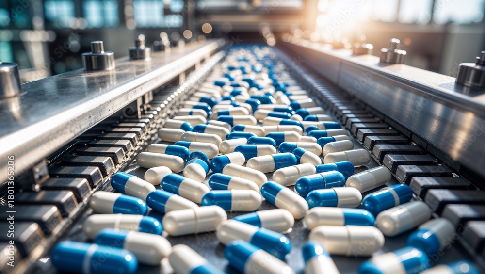 Obraz premium Pharmaceutical production line with blue and white capsules in a factory setting