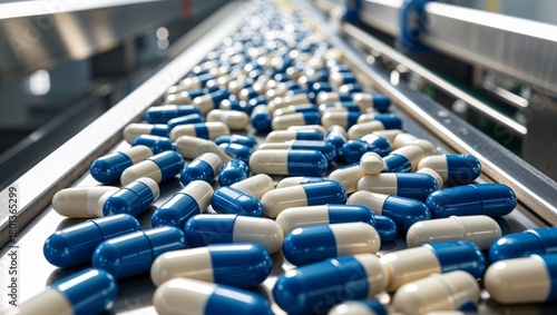 Pharmaceutical production line with blue and white capsules