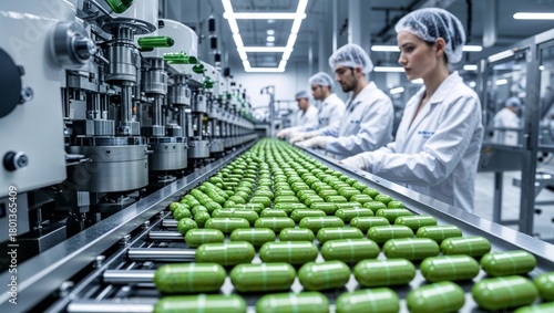 Pharmaceutical production line with capsules on a conveyor belt and workers