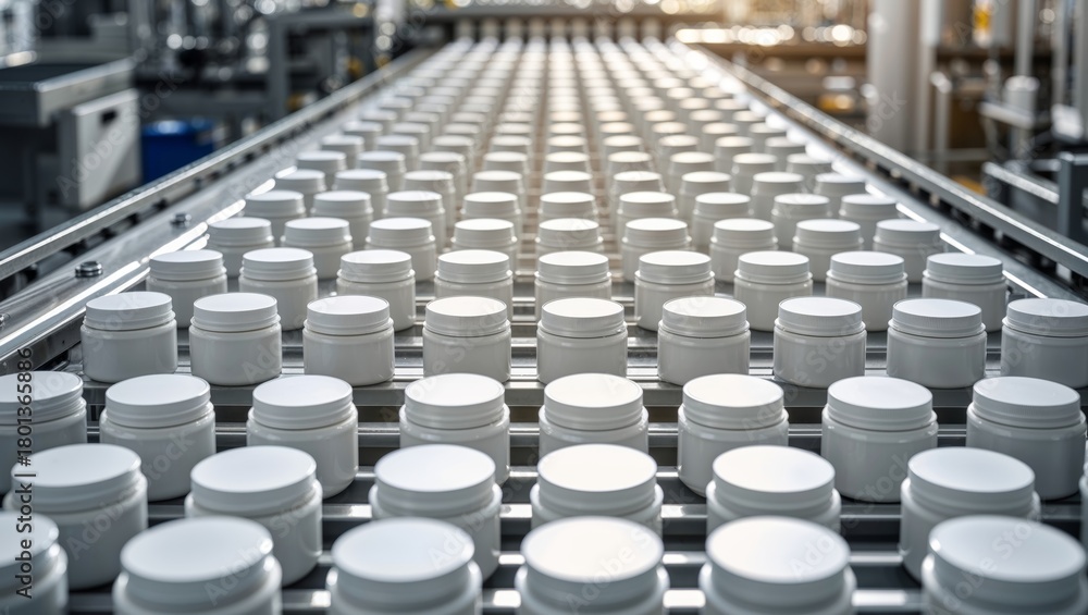 Fototapeta premium Cosmetic jars moving along a conveyor belt in a modern factory setting