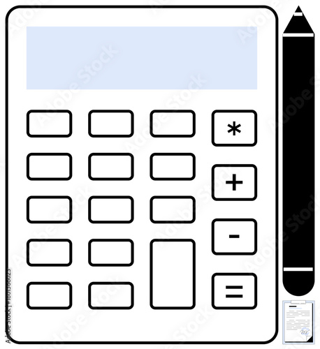 Calculator with numeric buttons, a pen, and a document symbolizing accounting, finances, budgeting, education, mathematics, tax calculations and planning. Ideal for financial planning simple flat