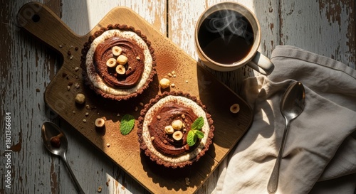 Two decadent chocolate hazelnut tarts with a swirl of ganache and topped with whole hazelnuts and mint leaves, served on a rustic wooden board with a cup of steaming black coffee and a spoon