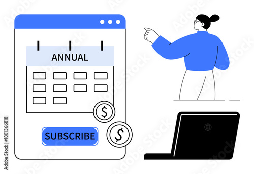 Calendar interface with annual plan, subscribe button, dollar icons, laptop, and person pointing. Ideal for subscription services, e-commerce, financial planning, budgeting digital products market