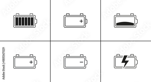 Minimal Battery Icons Set, Battery Charging and Power Symbols, Flat Vector Icons