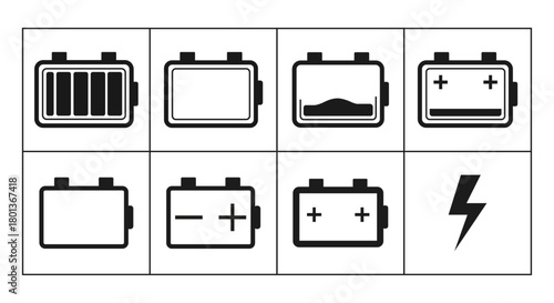 Battery Icon Set for Energy, Charging, and Power Concepts - Vector Illustration