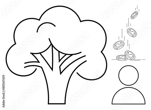 Tree symbolizing growth paired with raining coins near person figure, highlighting abundance, investment, wealth creation, savings, financial stability, eco-investment. Ideal for economic prosperity