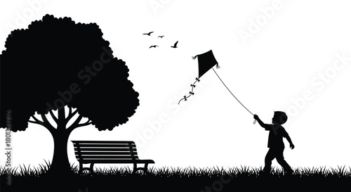 Silhouette of boy flying kite in park vector illustration art