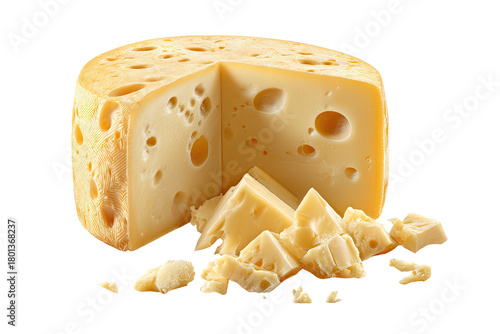 A wheel of yellow cheese with a wedge removed and several irregular cut pieces scattered