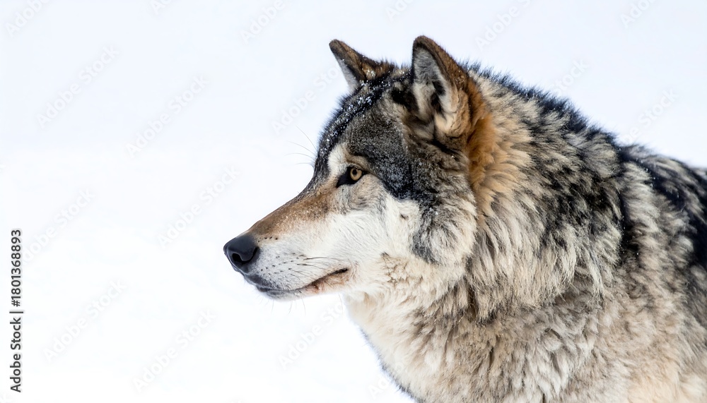 Fototapeta premium Focused wolf portrait against a bright white background.