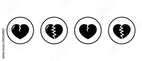Heartbreak and sadness icon in circular outline. Cracked heart symbol