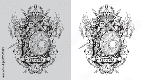Spartan Valor Warrior with Shield and Spear on Detailed Corinthian Column Emblem