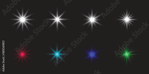 Set of realistic vector starburst light effects on dark background.