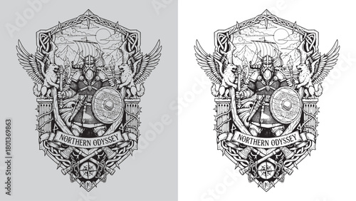 Northern Odyssey Viking Warrior with Shield and Axe on Seascape Emblem Illustration