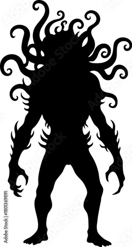 Dark Cosmic Lovecraftian Horror Creature Silhouette with Tentacles and Sharp Claws