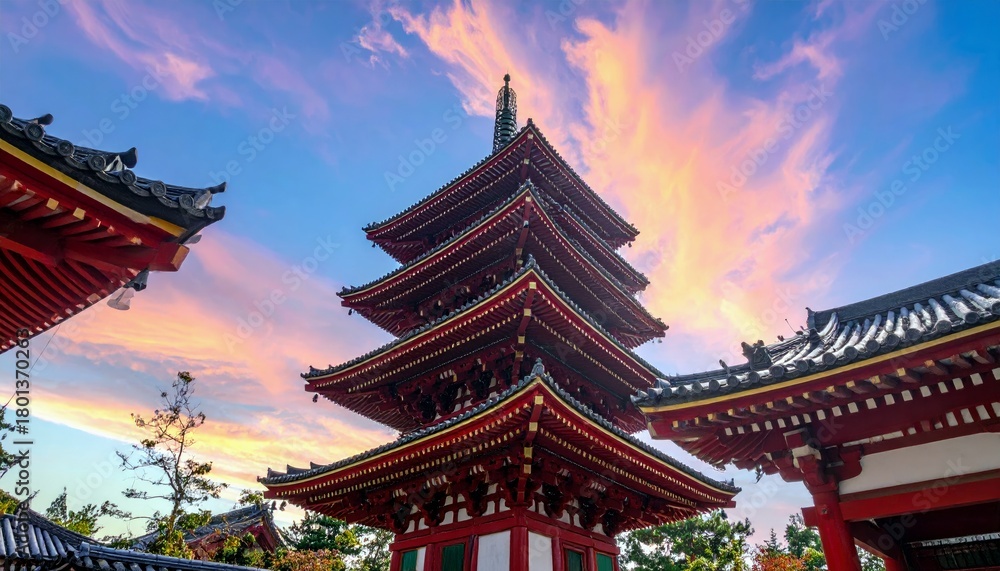 Fototapeta premium A traditional Japanese five-story pagoda stands prominently, framed by the ornate red roofs of temple buildings, under a vibrant sunset sky.