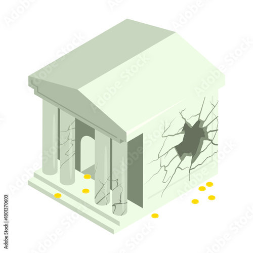 Isometric finance department bank building was damaged by financial crisis. Isolated cartoon vector on white background top view
