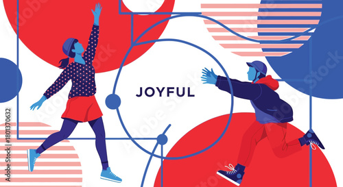 Two energetic people in dynamic poses celebrating with abstract shapes and vibrant colors