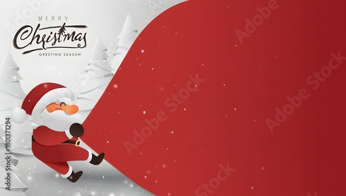 Santa Claus with a huge bag on the run to delivery christmas gifts at snow fall.Merry Christmas text Calligraphic Lettering Vector illustration.