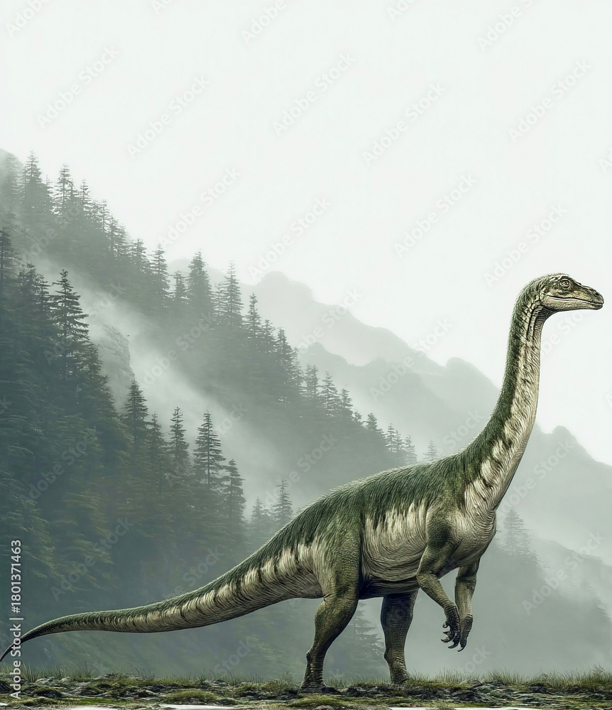 Fototapeta premium Liellinosaurus walks through a prehistoric landscape with forests and mountains