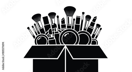 Makeup brushes and cosmetics in a box beauty products concept