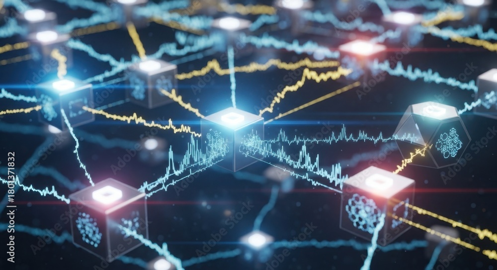 Fototapeta premium Futuristic digital network with interconnected data nodes and data streams visualization