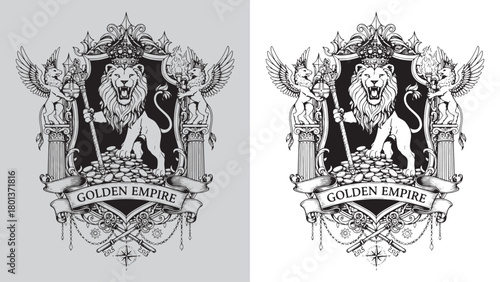 Golden Empire: Roaring Lion Holding Scepter on Treasure in Ornate Shield