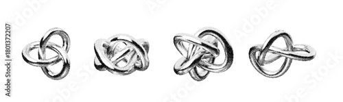 3D chrome abstract shapes with metallic texture and grain texture. Glossy chrome tubes twist into fluid loops, creating smooth futuristic forms with subtle grain noise and modern geometric flow