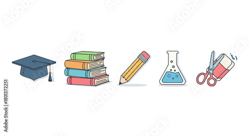 Education still life showcasing graduation cap, books, pencil, flask, eraser and scissors