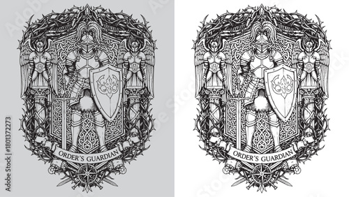 Tableau sur toile Order's Guardian: Medieval Knight in Armor Shield with Thorny Vines