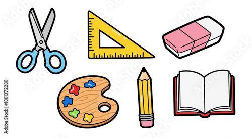 Illustration showcasing school supplies: scissors, ruler, eraser, palette, pencil, and book
