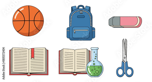 Vibrant cartoon school supplies featuring basketball, backpack, eraser, open book, flask and