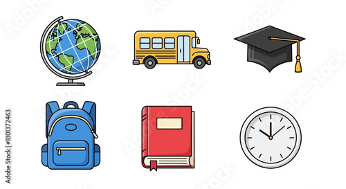 Cartoon School Supplies Illustration: Globe, School Bus, Graduation Cap and More