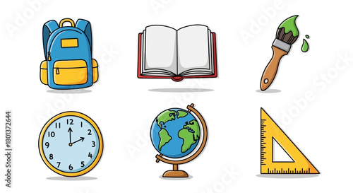 Colorful educational icons symbolizing learning, knowledge and back to school preparation