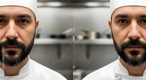 Close-up of a male chef with a beard and mustache wearing a white chef's coat in a professional kitchen setting with stainless steel equipment in the background