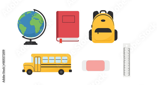Back to school elements showcasing student learning supplies and transportation items