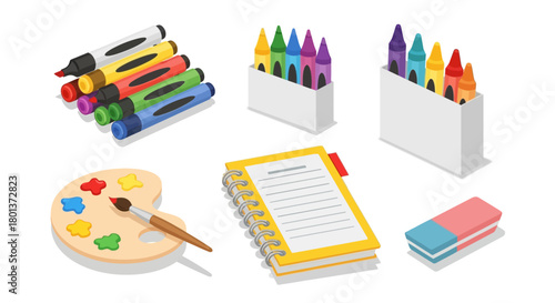 Artistic school supplies arrangement featuring markers, crayons, palette, and notebook